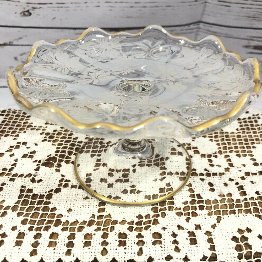 Glass Etched Pedestal Compote Dish Gold Trim